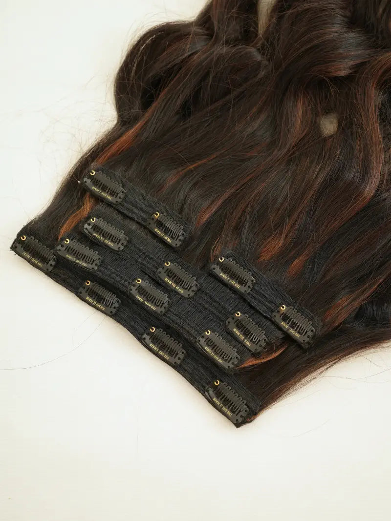 First image of five set clip in hair extensions with highlights
