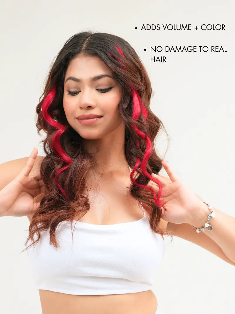 Red color clip in hair streaks for girls