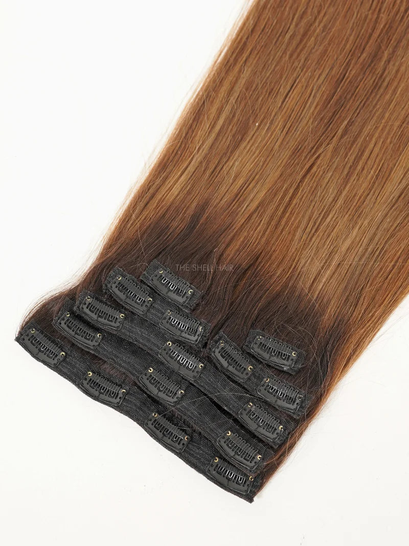 First image of seven set clip in hair extensions caramel brown ombre highlights, Buy clip in hair extensions with highlights for women online, Shop clip in hair extensions for volume and length online