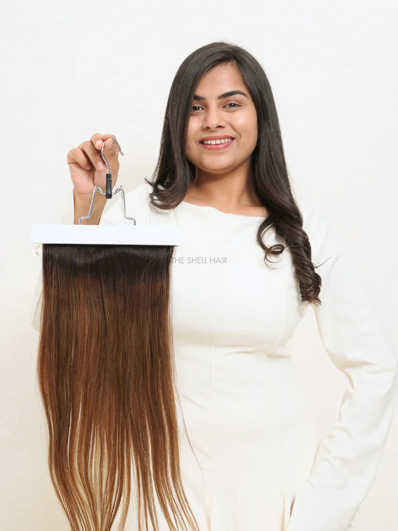 Buy seven set clip in hair extensions caramel brown ombre highlights, Buy clip in hair extensions for length and volume online, Buy ombre clip in hair extensions for girls and women online