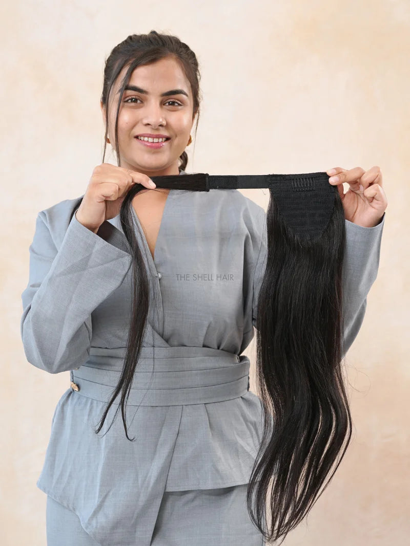 First image of wrap around clip in ponytail extensions, Buy clip in hair ponytail extensions for girls online, Buy human hair ponytail extensions for women online, Shop ponytail extensions for instant length and volume