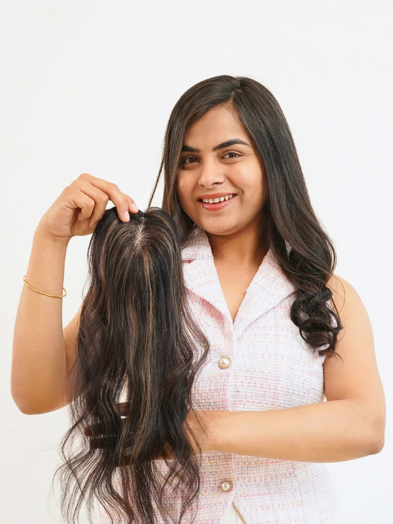 Last image of 2.5x3.5 silk hair topper with highlights, Buy silk hair topper with highlights online, Shop clip hair topper with highlights, Buy human hair topper for women online, Shop hair topper with brown highlights near me