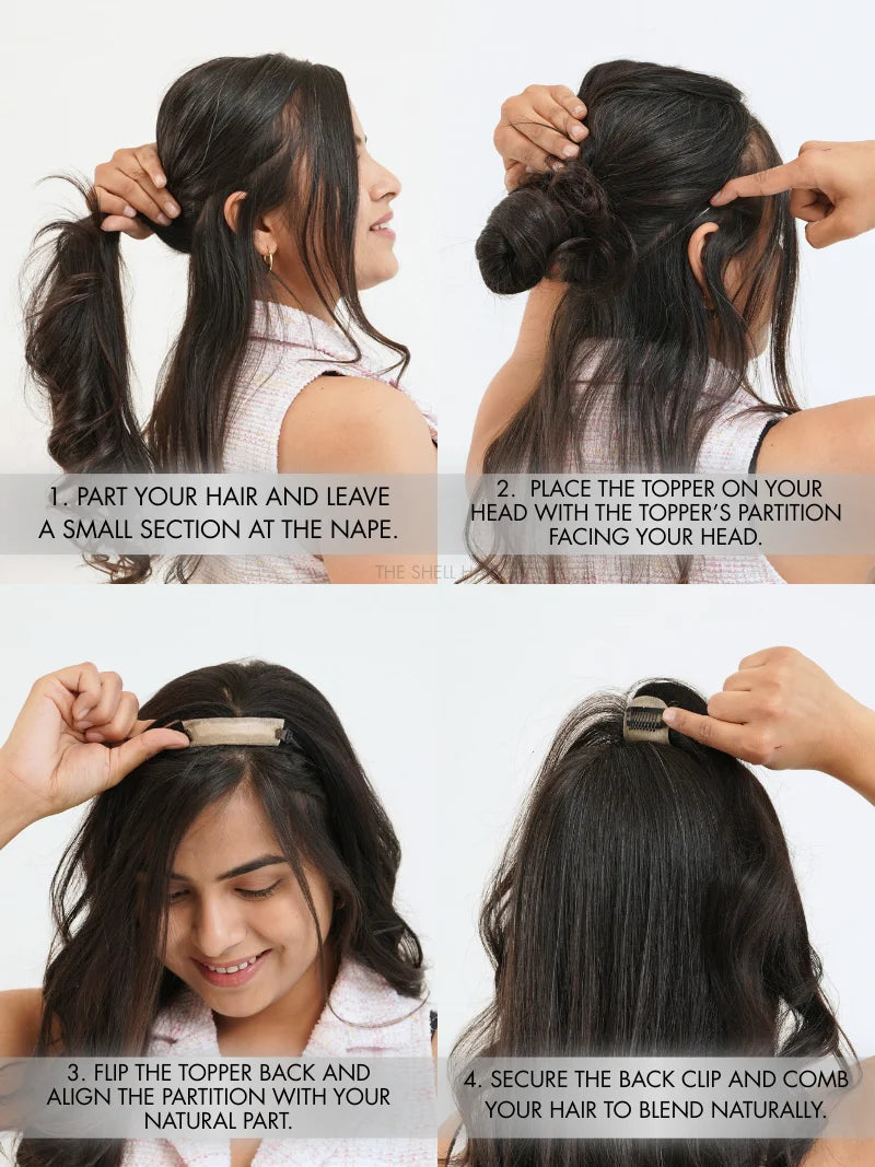 How to wear a hair band topper, Buy clip free hair toupee, Buy clipless scalp topper for women, Buy 100% human hair topper for women, Buy hair topper without clips online