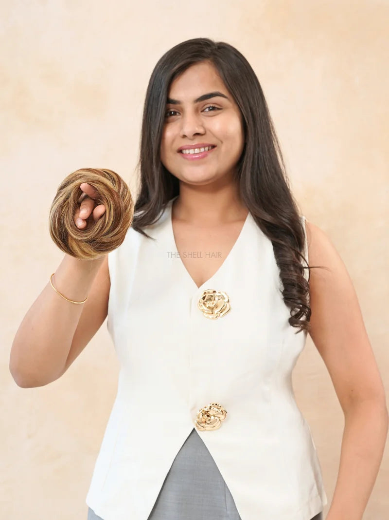 First image of messy bun scrunchie caramel balayage, Buy human hair scrunchie for blonde hair online, Shop blonde human hair scrunchie online