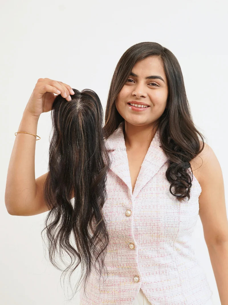 First image of 2.5x3.5 silk hair topper with highlights, Highlighted silk hair topper for women, Hair topper with balayage highlights