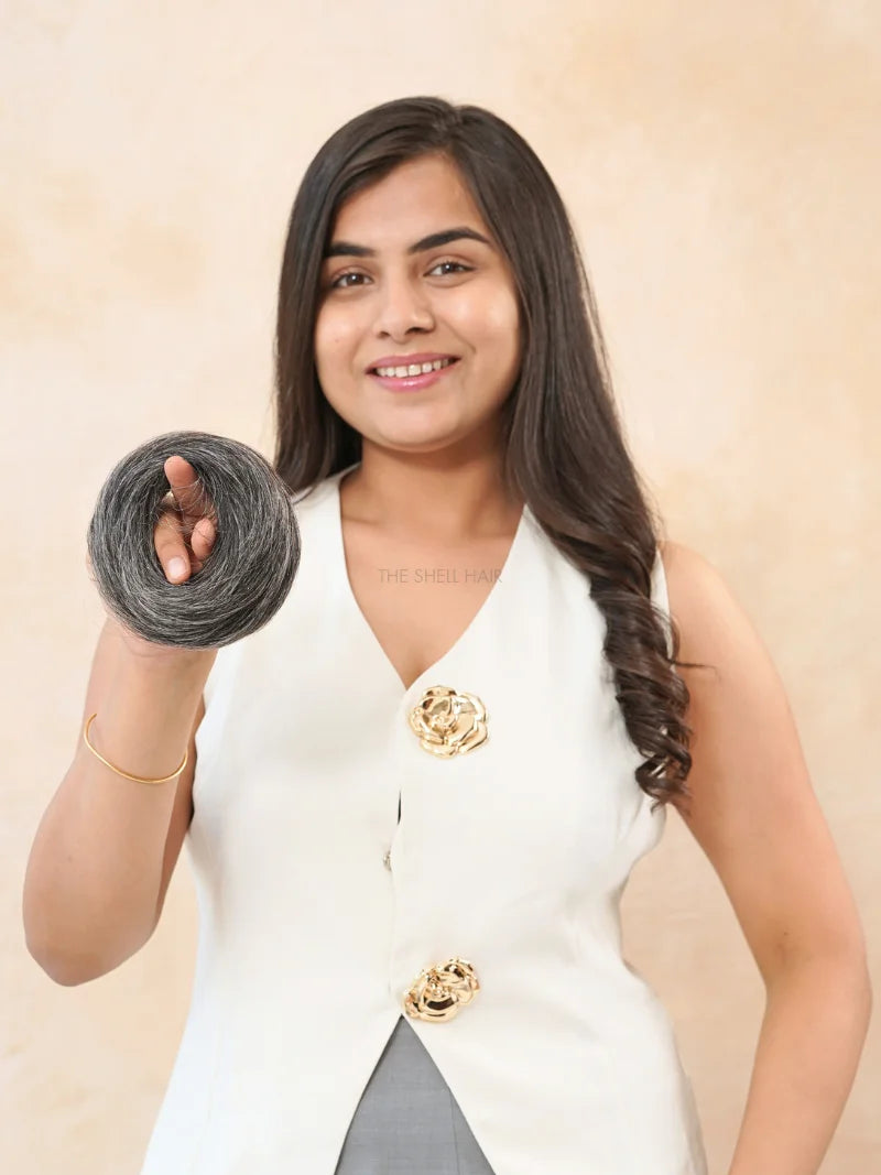 First image of messy bun scrunchie salt and pepper, Buy messy bun scrunchie for grey hair online, Shop grey hair scrunchie for women