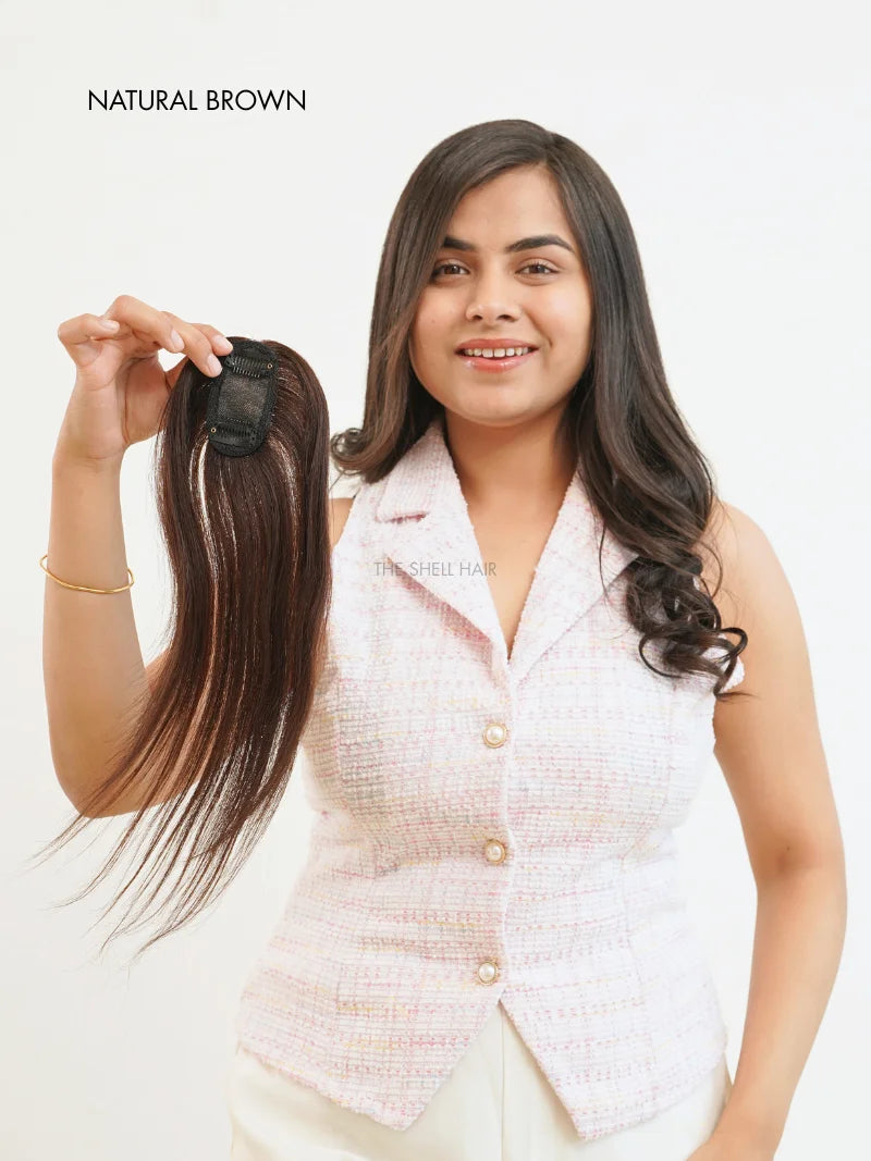 Buy mini scalp topper for brown hair, Shop hair topper for bald spot on forehead, Shop silk topper for dark brown hair online