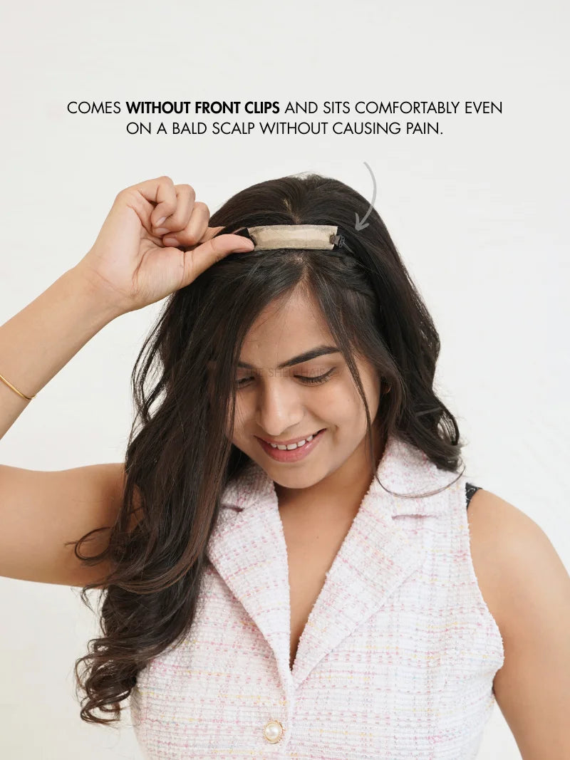 Buy natural looking hair topper for women, Buy clipless halo topper for women online, Buy T shape hair topper for girls, Shop T shape silk base hair topper for ladies, Buy hair topper without clips online