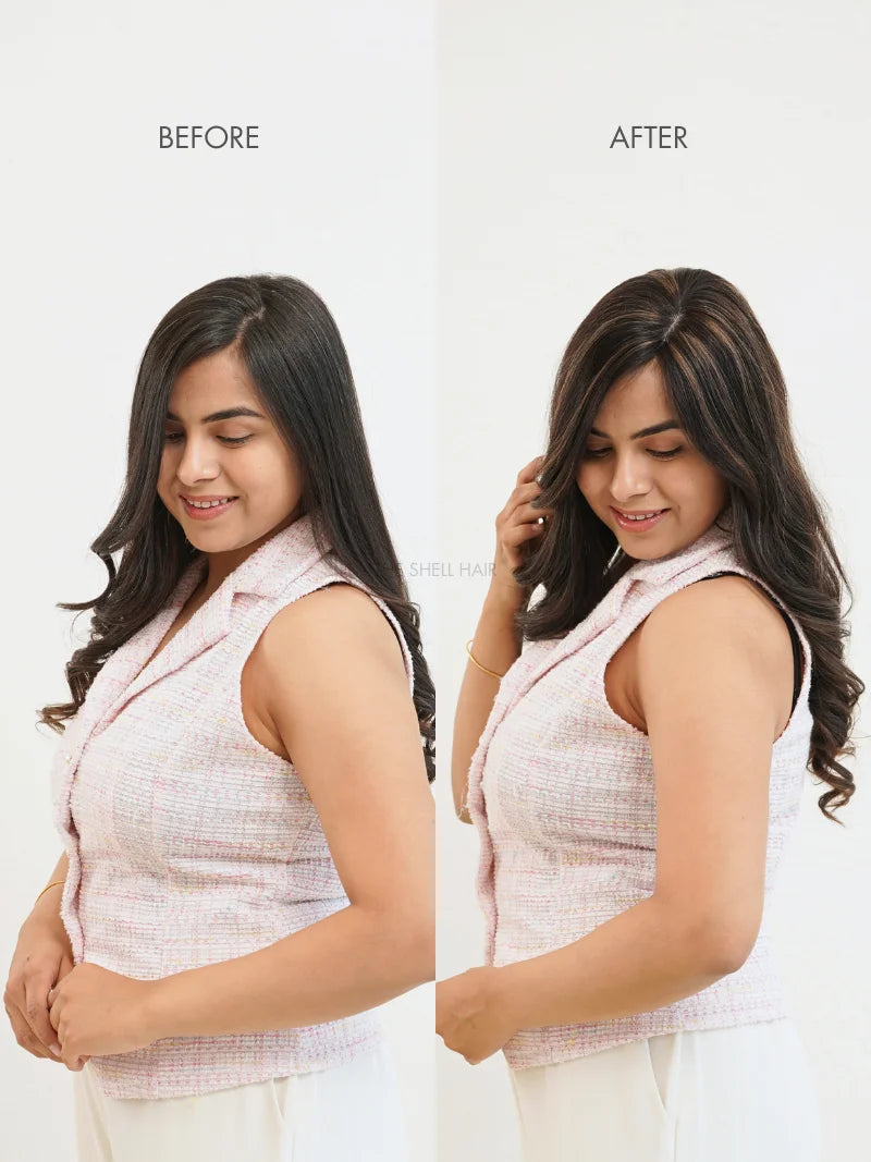 Buy silk base hair topper with highlights for women, Shop human hair topper with highlights for women near me, Buy clip hair topper with highlights online, Shop highlighted hair topper for women online