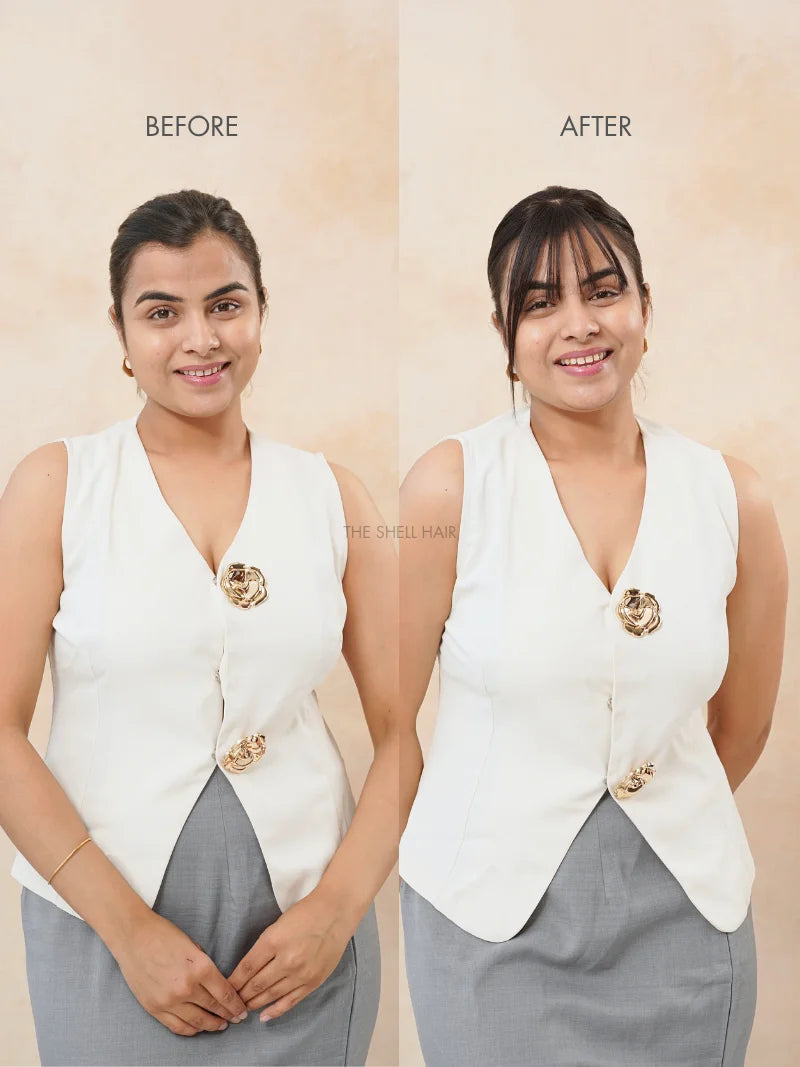 Shop tiny topper with bangs for ladies online, Buy bang hair topper for women, Buy smallest hair topper with bangs near me, Buy fringe hair extensions for girls online